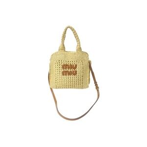 Miu Miu Miu basket bag handbag raffia leather Beige Tan gold